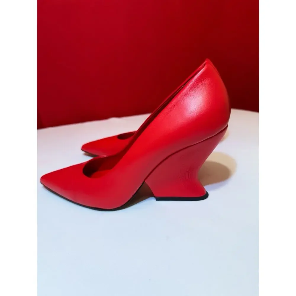 Sz 40 US 8.5 Italy Pumps Sheepskin Red 8 Yoox Wedge Pointed Toe Geometric Heel